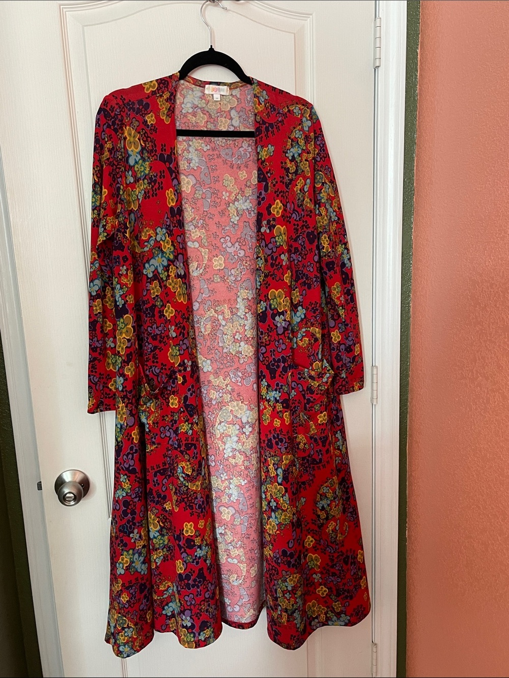 LuLaRoe Red Floral Long Open-Front Kimono Robe